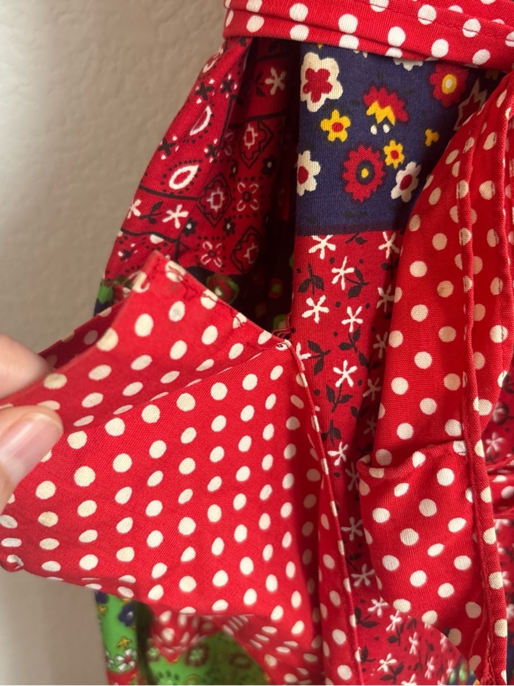 Patchwork Pinafore Apron Dress in Red, Green, Navy - Picture 6 of 8